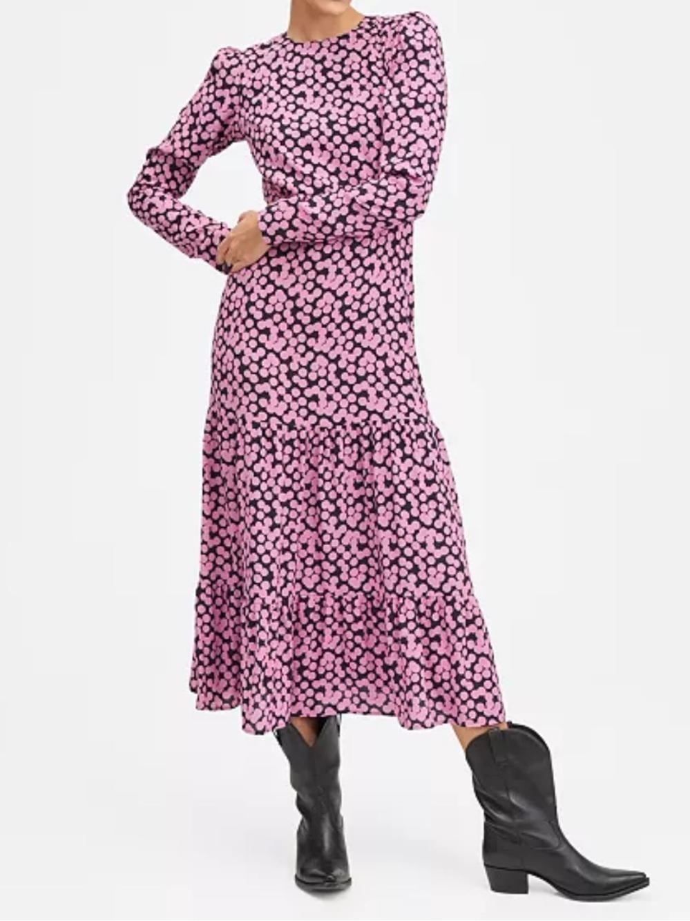 Mango Black Dress with Pink Polka Dot Print - L